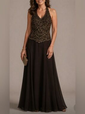 J Kara New York Beaded Evening Gown Dress Size 8 Brown Chiffon Formal Occasion